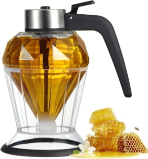 200ml Honey Dispenser with Stand, Premium No Drip Design Syrup Dispenser, Elegant Diamond Shape with Stainless Steel Top Glass Honey Dispenser, for Maple Syrup, Cooking Oil, Seasonings
