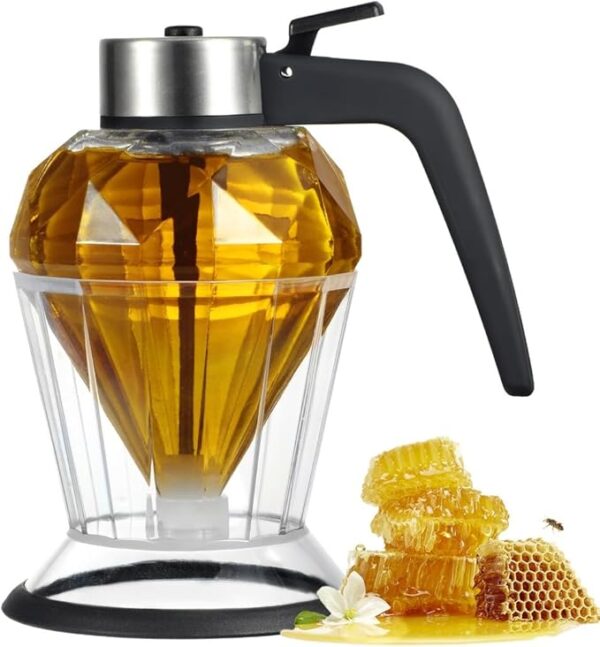 200ml Honey Dispenser with Stand, Premium No Drip Design Syrup Dispenser, Elegant Diamond Shape with Stainless Steel Top Glass Honey Dispenser, for Maple Syrup, Cooking Oil, Seasonings
