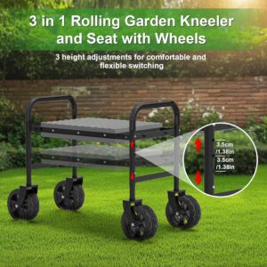 Garden Kneeler and Seat with 360° Wheels: 3-in-1 Rolling Garden Stool with Extendable Legs - Foldable Garden Seat with Thick Pad & Tool Pouches - Heavy Duty Gardening Bench for Seniors