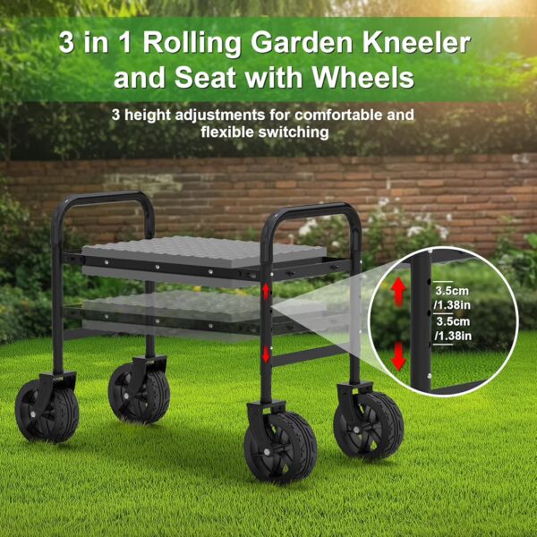 Garden Kneeler and Seat with 360° Wheels: 3-in-1 Rolling Garden Stool with Extendable Legs - Foldable Garden Seat with Thick Pad & Tool Pouches - Heavy Duty Gardening Bench for Seniors