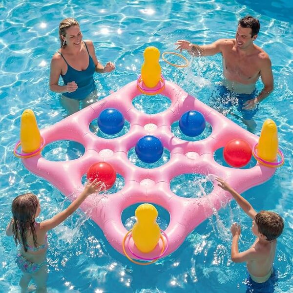 ECHTPower Tic-Tac-Toe Pool Toys Games - 2-in-1 Giant Inflatable Pool Floats with Ring Toss Set and 10 Balls, Fun Summer Party Water Beach Float Game for Adults Teens Kids (Pink)