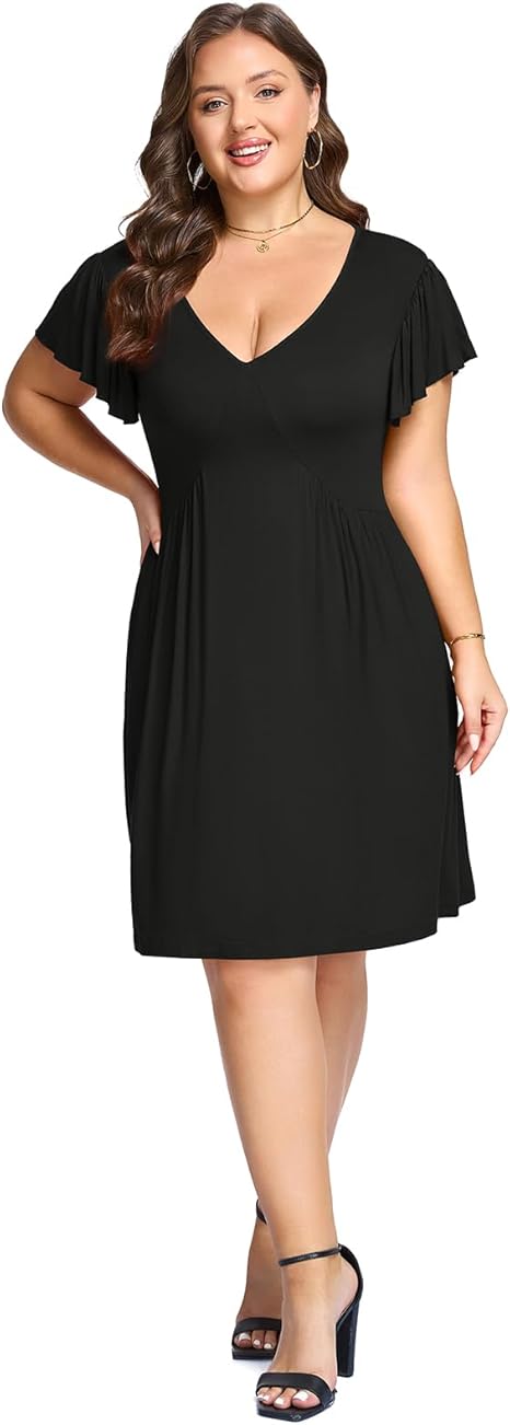 Plus Size Womens Summer Dresses Deep V Neck Loose Sundress Ruffle Short Sleeve Casual Dress