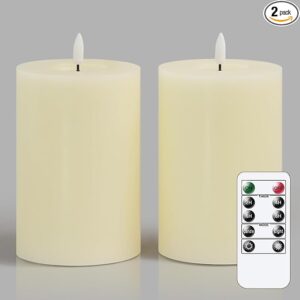 Flameless Flickering 4" x6" Real Wax Ivory Remote Candles with Candle Grease, Pack of 2 Timer LED Battery Operated Fake Warm Light Pillar Candles for Home, Banquet, Ceremony Decoration