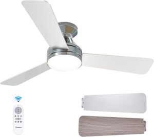 Ceiling Fans with Lights, 42 inch Low Profile Ceiling Fan with Light and Remote Control, Flush Mount, Reversible, 3CCT, Dimmable, Noiseless, Nickel Ceiling Fan for Bedroom, Indoor/Outdoor Use