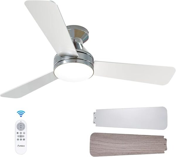 Ceiling Fans with Lights, 42 inch Low Profile Ceiling Fan with Light and Remote Control, Flush Mount, Reversible, 3CCT, Dimmable, Noiseless, Nickel Ceiling Fan for Bedroom, Indoor/Outdoor Use