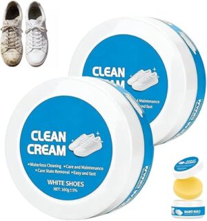 White Shoe Cleaning Cream, 2PCS Shoe Cleaner,Multipurpose No-Wash Solid Comes with Sponge Deep Cleaning, Shoes Clean Cream