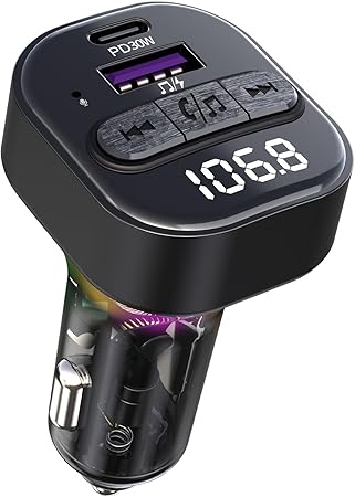 Bluetooth 5.3 FM Transmitter for Car, Bluetooth Car Adapter with Type-C PD(30W) Charger and QC3.0 USB Port, Wireless FM Radio Transmitter