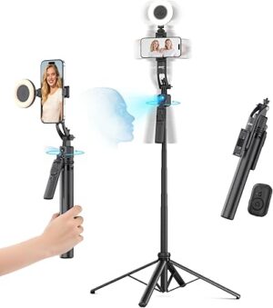Gadget Auto Face Tracking Tripod for iPhone/Cell Phone/Android/Camera with Light and Remote, 64", No App, 360°Rotating Tripod Selfie Stick