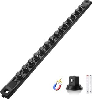 619GzEPDMsL._AC_SX569_ Magnetic Socket Organizer, 3/8" Drive Aluminum Alloy Socket Rail, Heavy Duty Magnetic Socket Holder with 14PC 360° Swivel Removable Clips, Magnetic Socket Rack for Tool Box Drawer, Black