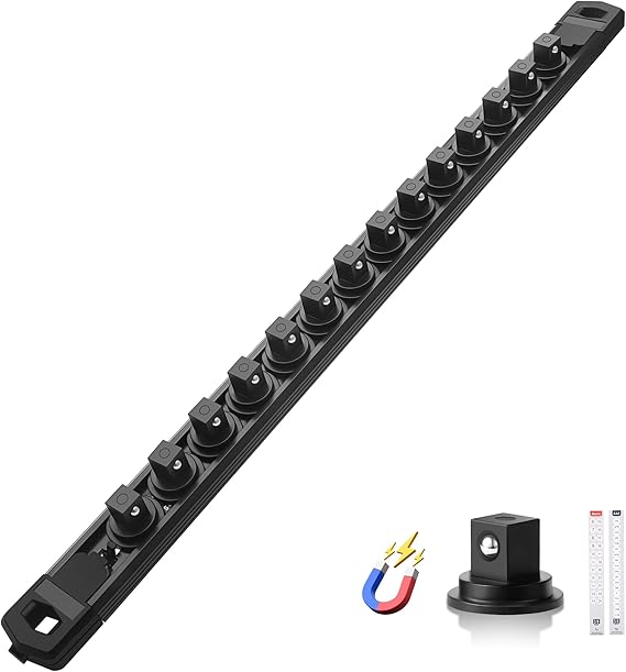 619GzEPDMsL._AC_SX569_ Magnetic Socket Organizer, 3/8" Drive Aluminum Alloy Socket Rail, Heavy Duty Magnetic Socket Holder with 14PC 360° Swivel Removable Clips, Magnetic Socket Rack for Tool Box Drawer, Black