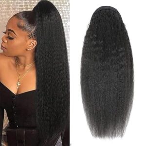 Riverwood Yaki Kinky Straight Human Hair Wrap Around Ponytail Hair Piece with Clips Magic Paste Binding Pony Tail Hairpiece for Women