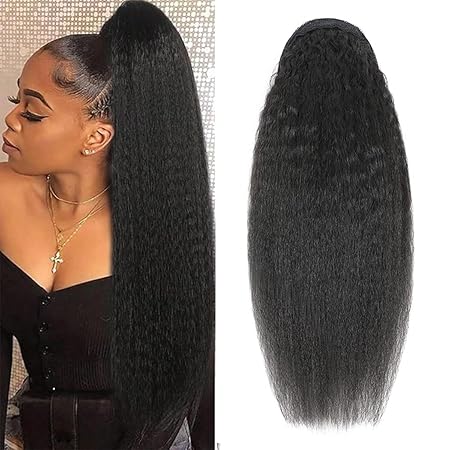 Riverwood Yaki Kinky Straight Human Hair Wrap Around Ponytail Hair Piece with Clips Magic Paste Binding Pony Tail Hairpiece for Women