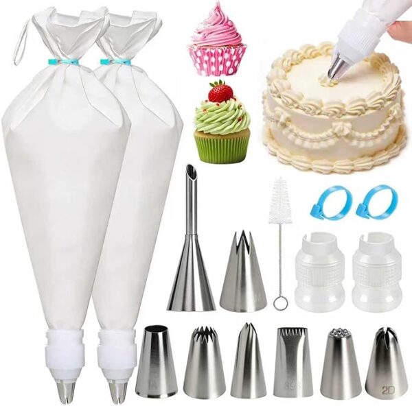 Reusable Cotton Piping Bags and Tips Set -Two 16inch Pastry Bags with 8pcs Large Stainless Icing Tips for Cake Decorating, Cupcakes, Cookies. Baking Kit for Home Bakers & Chefs