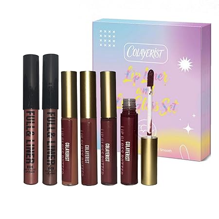 6PCS Lip Liner and Lip Gloss Set, 2 Matte Lip Liners with 4 Shiny Lip Glosses, Long-Lasting Hydrating Lip Kit, Nude Pink Brown Shades for Daily Makeup, Portable Lip Combo Set