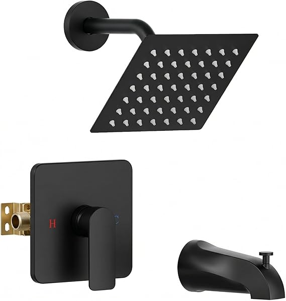 61J0Gqw5GbL._AC_SX569_ Shower Faucet Set Bathtub Faucet Set with Valve Included Shower Valve Kit with All-Metal High Flow Tub Spout,6 Inch High Pressure Head,Solid Brass Valve Body and Metal Handle Trim,Black