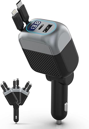 61LXe94CXUL._AC_SY450_ (1) 87W Retractable Car Charger, 4-in-1 Fast USB C Charging Car Adapter with 45W Type C Cable for iPhone 17/16 Pro Max & Samsung, 12W Lightning Cable for iPhone 14, Travel Essentials Car Accessories