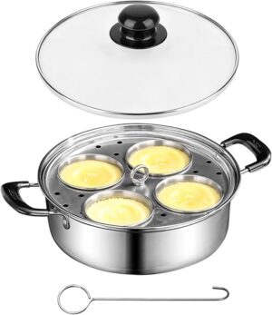 8 Inch Stainless Steel Egg Poacher Pan, 4 Egg Poaching Cups for Easy Release, Tempered Glass Lid for Visible Cooking, Healthy Long-lasting, All Stovetops Compatible