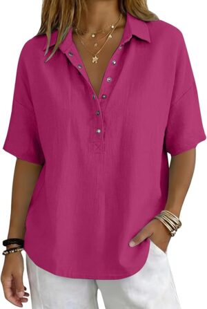 Womens Cotton Linen Gauze Tops Summer Button Down V Neck Half Sleeve Shirts Loose Blouses Dressy Casual Clothes