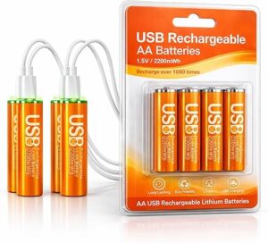 USB Rechargeable AA Batteries, [4-Pack] - 2200mWh Lithium Ion, LED Charge Indicator, 1.5V, 1000+ Charge Cycles, Includes 4-in-1 USB-A to USB-C Charging Cable