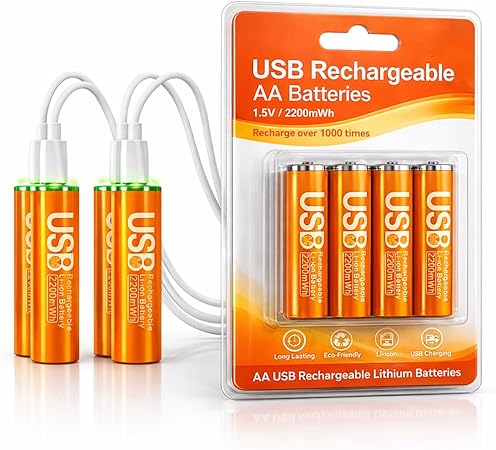USB Rechargeable AA Batteries, [4-Pack] - 2200mWh Lithium Ion, LED Charge Indicator, 1.5V, 1000+ Charge Cycles, Includes 4-in-1 USB-A to USB-C Charging Cable