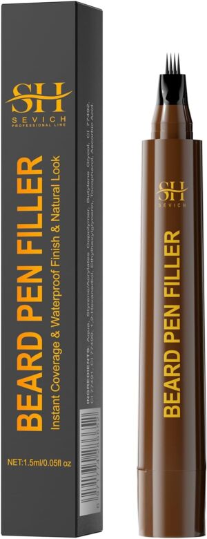 Beard Pen Filler for Men,Instant Beard Dye for Men,48h Waterproof & Sweatproof, 4-Prong Tip for Seamless Application, Enhances All Beard Types with Fuller, Dark Brown