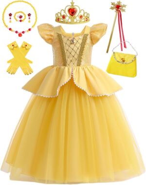 Little Girls Belle Princess Dress Yellow Princess Costume for Girls Dress Up Belle with Jewelry Accessories 4-5Years