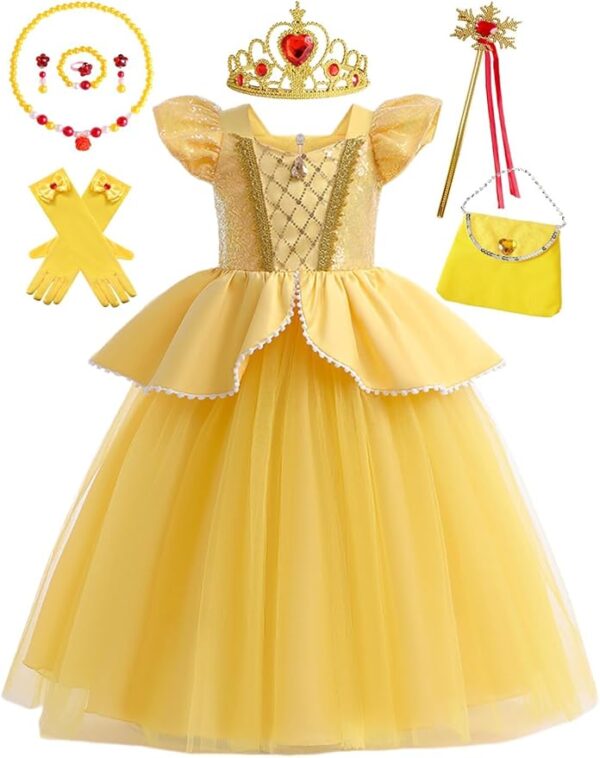 61axoNdLFCL._AC_SY879_ Little Girls Belle Princess Dress Yellow Princess Costume for Girls Dress Up Belle with Jewelry Accessories 4-5Years