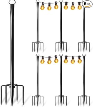 6 Pack String Light Poles for Outside, Upgraded Heavy-Duty Metal Poles for Outdoor String Lights with Fork, Adjustable Lighting Hanging Accessories for Patio Decor Pergola Backyard Garden Decorations