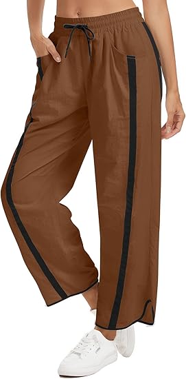 Women's Wide Leg Track Pants Baggy Drawstring High Rise Side Striped Casual Lightweight Parachute Pants with Pockets
