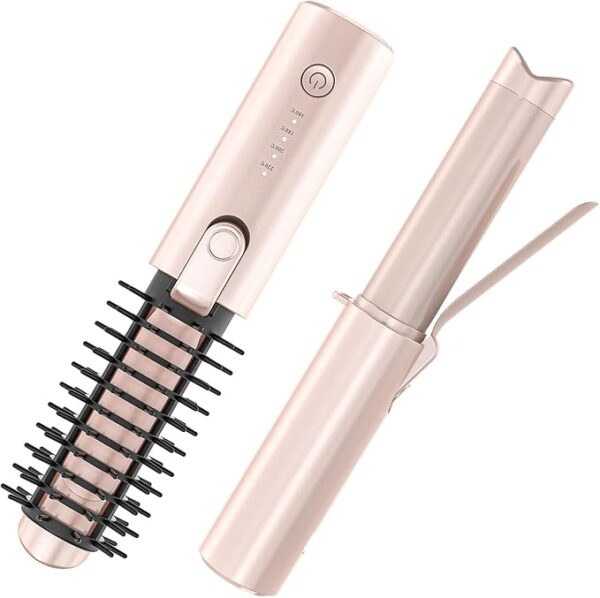 Cordless Hair Curling Iron Brush, Portable Travel Hair Curler, Mini 1.5″ Heated Round Brush, 3-in-1 USB Rechargeable Straightening Wand for Styling & Smoothing