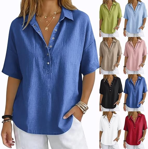 61p2MSebN1L._AC_SX569_ Womens Cotton Linen Gauze Tops Summer Button Down V Neck Half Sleeve Shirts Loose Blouses Dressy Casual Clothes
