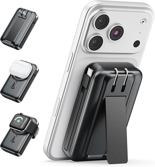 Magnetic Battery Pack Real Capacity 10000mAh, 22.5W Fast Charging Portable Charger with Built-in Cables & AC Wall Plug, Foldable Stand Power Bank for Apple Watch Phone 17/16/15/14/13 (Black)