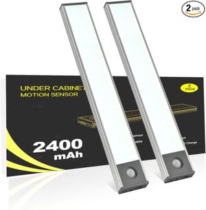 61pZze8ZQEL._AC_SX679_PIbundle-2,TopRight,0,0_SH20_ (1) Under Cabinet Lighting, 2400mAh Motion Sensor Light Indoor, 160lm Rechargeable-Battery-Operated Closet Light, Magnetic Under Counter Lights for Kitchen, Stair, Drawer, Safe(7.8in, Cool White, 2 Pack)