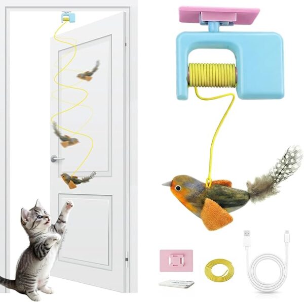 Interactive Cat Toys for Indoor Cats, Automatic Cat Hanging Toys for Bored Adult Cats, Cat Toys Realistic Bird with Catnip and Feather Chase Exercise Door Frame Cat Self Play Toys Blue