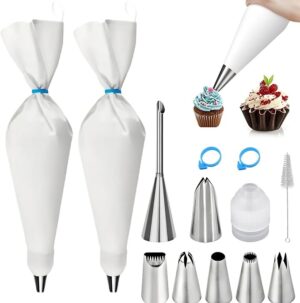 Reusable Piping Bags and Tips Set - 16inch Pastry Bags for Cake Decorating, Cupcakes, Cookies | Durable Cotton Exterior