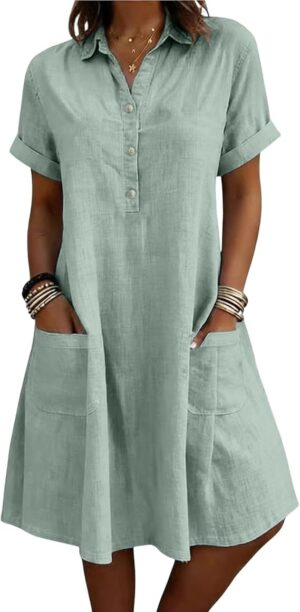 Linen Dresses for Women Solid Color Loose Fit Roll Up Short Sleeve Metal Button Shirt Dress Pleated Flowy Midi Sundress