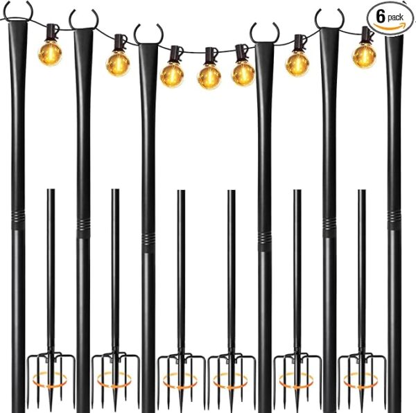 6 Pack String Light Poles for Outside, Upgraded Heavy-Duty Metal Poles for Outdoor String Lights with Fork, Adjustable Lighting Hanging Accessories