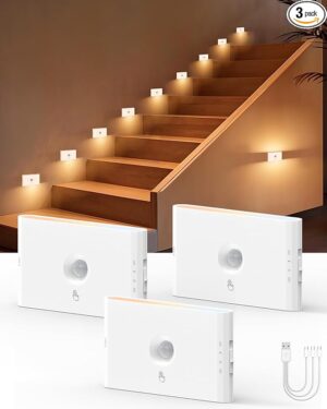 3-Pack Rechargeable Motion Sensor Stair Lights White, Dimmable Night Lights with 3 Modes & 3 Color Temperatures, Magnetic, Stick-On Stair Lights Indoor for Hallway, Stairway, Bathroom, Kitchen