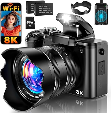 8K Digital Camera, 88MP WiFi Cameras for Photography with 3.2" Touchscreen, 16X Zoom Autofocus Professional Dual Camera, Anti-Shake, 2 Batteries & Charging Stand, 64GB Card, Flash, Lens Hood
