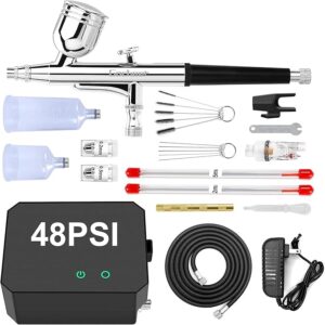 Airbrush Kit with Air Compressor, 40 48 PSI High Pressure Air Brush Non-Clogging with 0.2/0.3/0.5mm Nozzle/Cleaning Sets