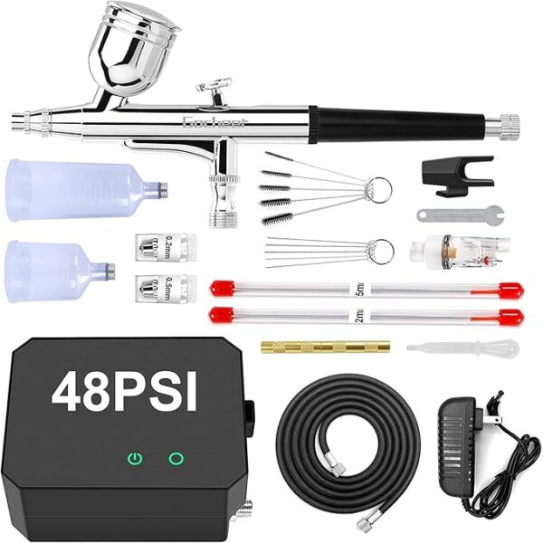 Airbrush Kit with Air Compressor, 40 48 PSI High Pressure Air Brush Non-Clogging with 0.2/0.3/0.5mm Nozzle/Cleaning Sets
