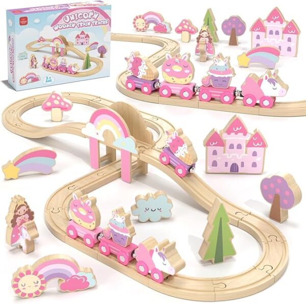 Castle Wooden Train Set - Unicorn Train Set for Toddlers 2-4, Wooden Train Track Toddler Girl Toys