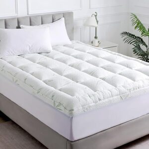 Queen Mattress Topper, Soft Pillow Top Mattress Topper with Deep Pocket Fits 8–21 Inch,7D Spiral Fiber Filling, Bamboo Viscose Air Layer Mattress Topper Queen