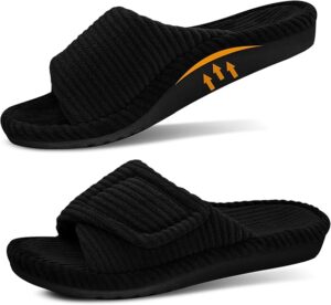 Orthopedic Slippers for Women Arch Support Indoor Slippers for Plantar Fasciitis Orthotic Adjustable Open Toe Corduroy Bedroom House Shoes for Ladies