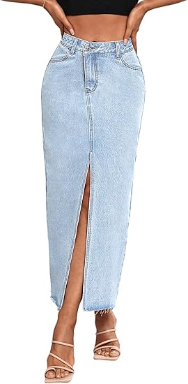 Women's High Waist Stretch Maxi Denim Skirt Front Split Frayed Raw Hem A line Casual Long Jean Skirt