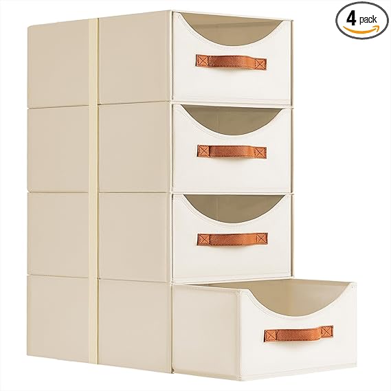 Homsorout Stackable Storage Drawers - Large Collapsible Storage Bins with Drawers, 4 Pack Closet Shelf Organizer Basket