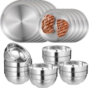 20PCS Stainless Steel Plates and Bowls Sets, Includes 10PCS 6.7 & 10.2 in Plates 10 Pieces Bowls, 304 Reusable Camping Mess Kits