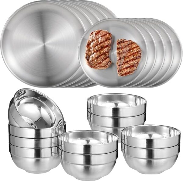 20PCS Stainless Steel Plates and Bowls Sets, Includes 10PCS 6.7 & 10.2 in Plates 10 Pieces Bowls, 304 Reusable Camping Mess Kits