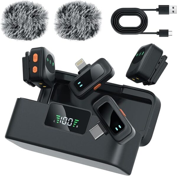 Ai Mini Mic Wireless Lavalier Microphone System (2TX+2RX+Case), Magnetic & Clip-On Microphone for iPhone, Android, Vlogging, Studio-Quality Sound, 48H Battery, Ai Noise Cancelling