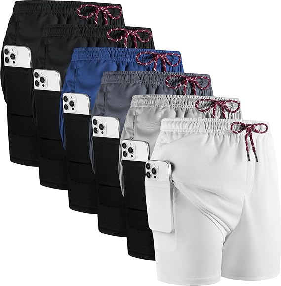 6 Pack Men's 2 in 1 Workout Shorts 5’’ Quick-Dry Athletic Gym Shorts Lightweight Mesh Running Shorts with Pockets